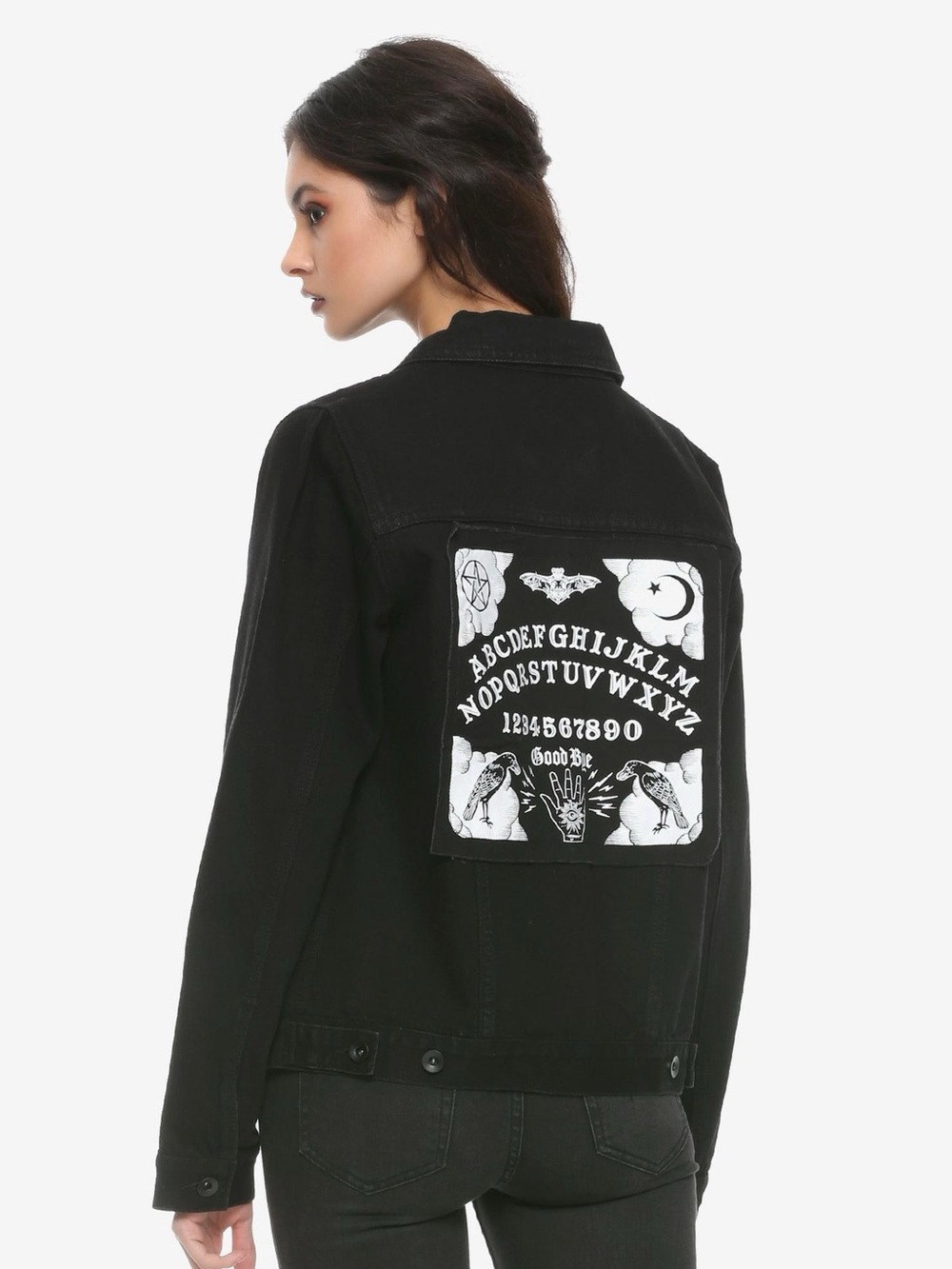 Hot Topic Black Denim Jacket Ouija Board Bad Vibes Goth XS